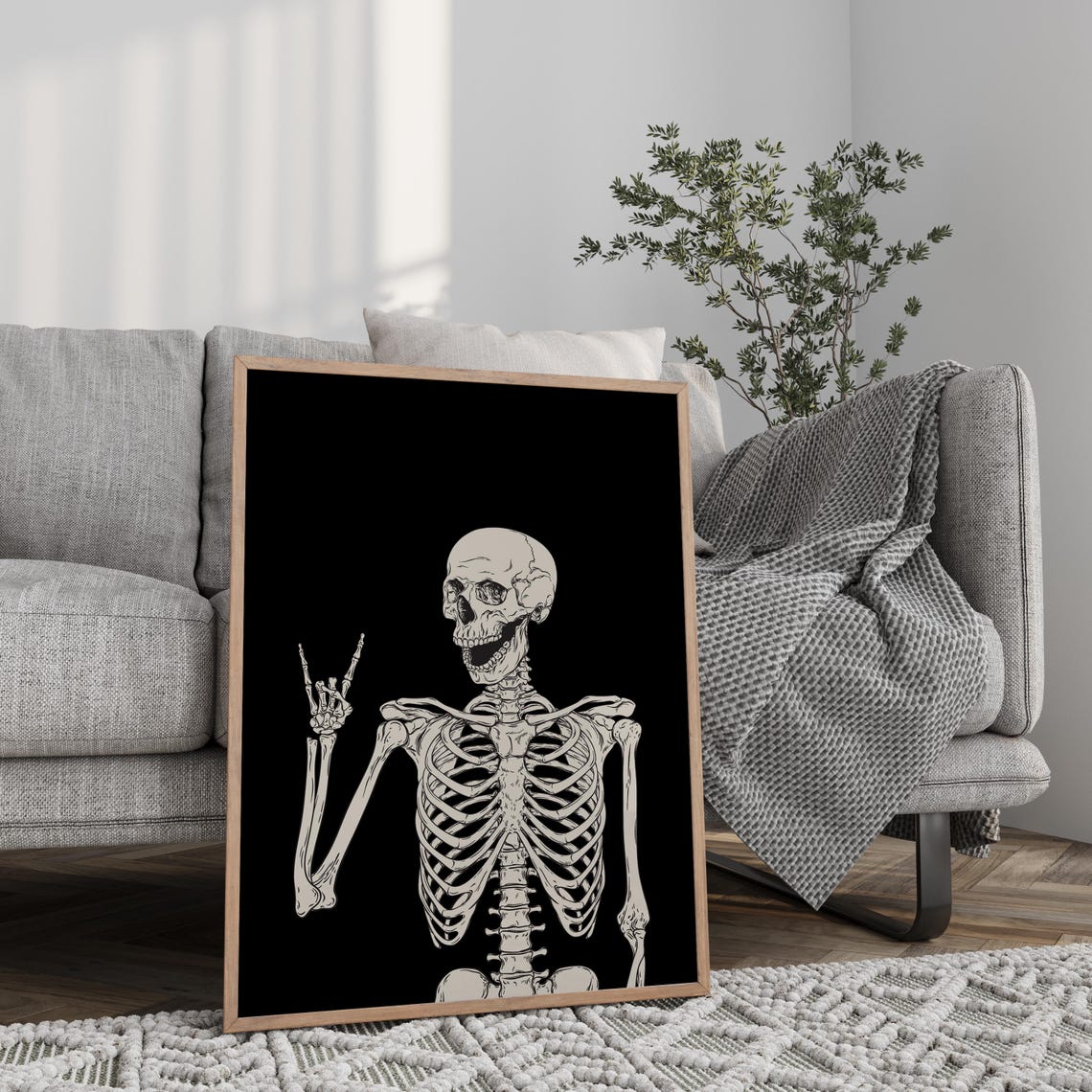 Funny Skeleton Rock On Hand Halloween Black Background Art Poster - Image 3