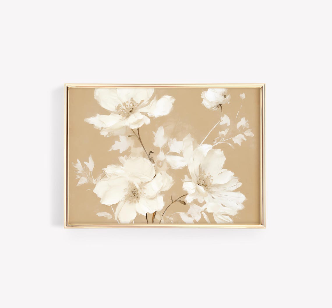 Cream White Flowers on Beige Neutral Floral Botanical Poster - Image 4