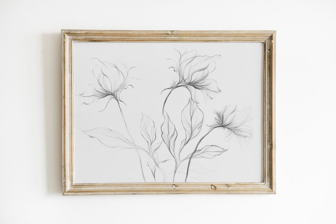 Neutral Botanical Line Art Gray Floral Sketch Minimalist Poster - Image 2