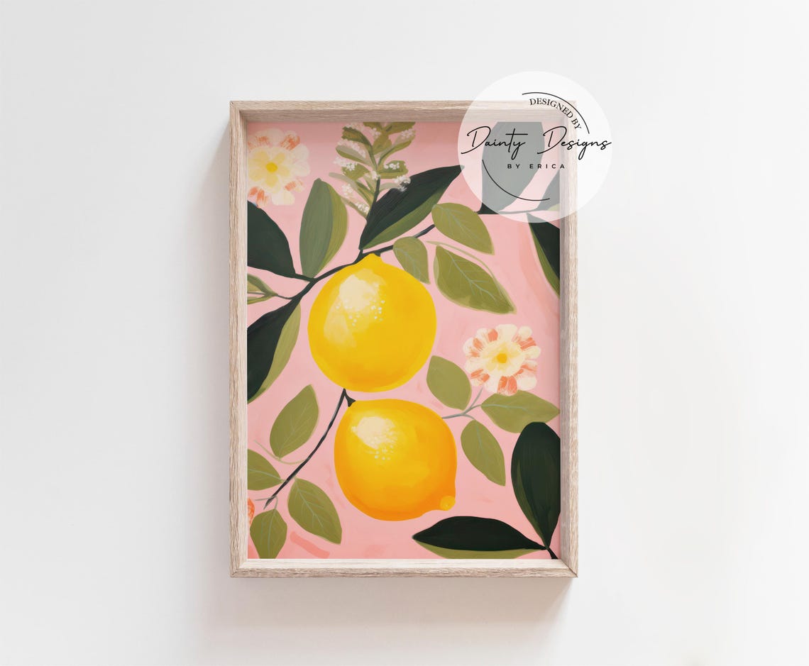 Juicy Lemon Branch Painting on Pink Background Trendy Kitchen Print - Image 4