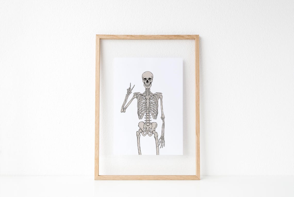 Funny Skeleton Peace Sign Halloween Minimalist White Art Poster - Image 2