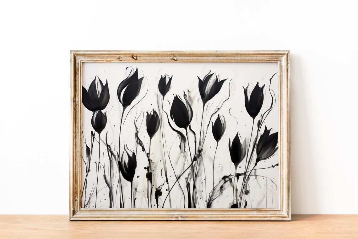 Black Tulip Silhouette Watercolor Floral Neutral Modern Poster - Image 2