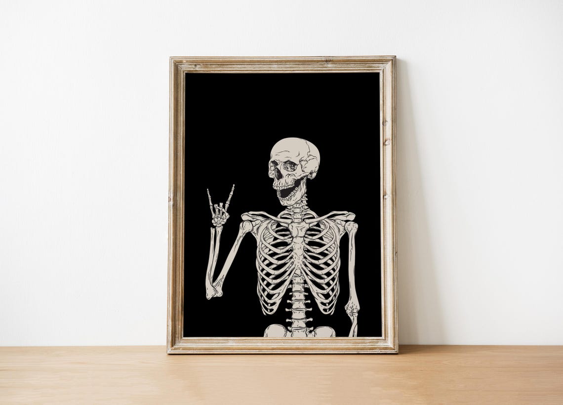 Funny Skeleton Rock On Hand Halloween Black Background Art Poster - Image 2