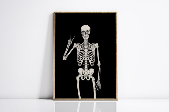 Skeleton Peace Sign Black Background Gothic Halloween Decor Poster