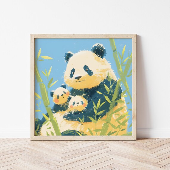 Panda Mom With Two Cubs In Bamboo Forest Sweet Nursery Wall Art
