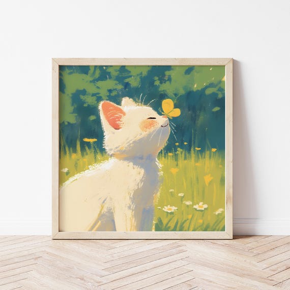 Cat Sniffing Butterfly Illustration, Nursery Art Print