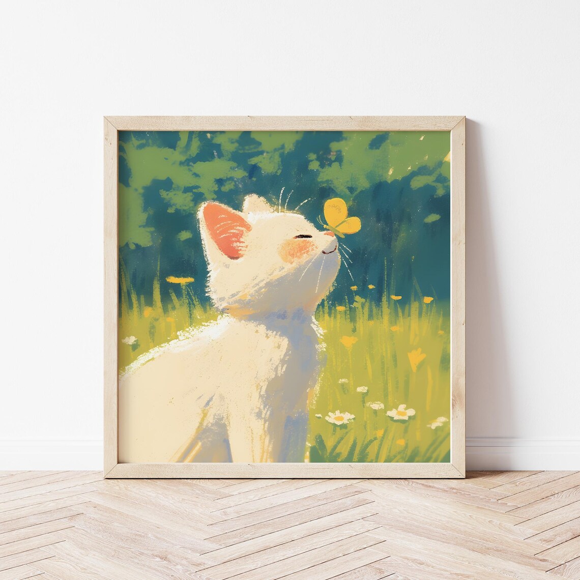 Cat Sniffing Butterfly Illustration, Nursery Art Print