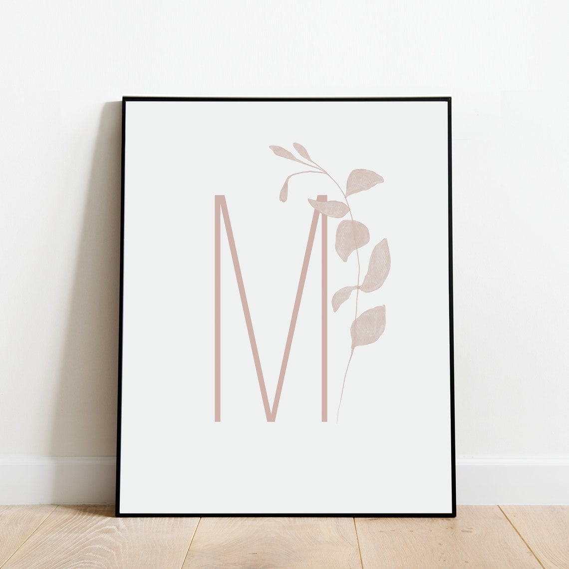 Letter M Botanical Initial Print with Soft Beige Leaf Sprig Art - Image 3
