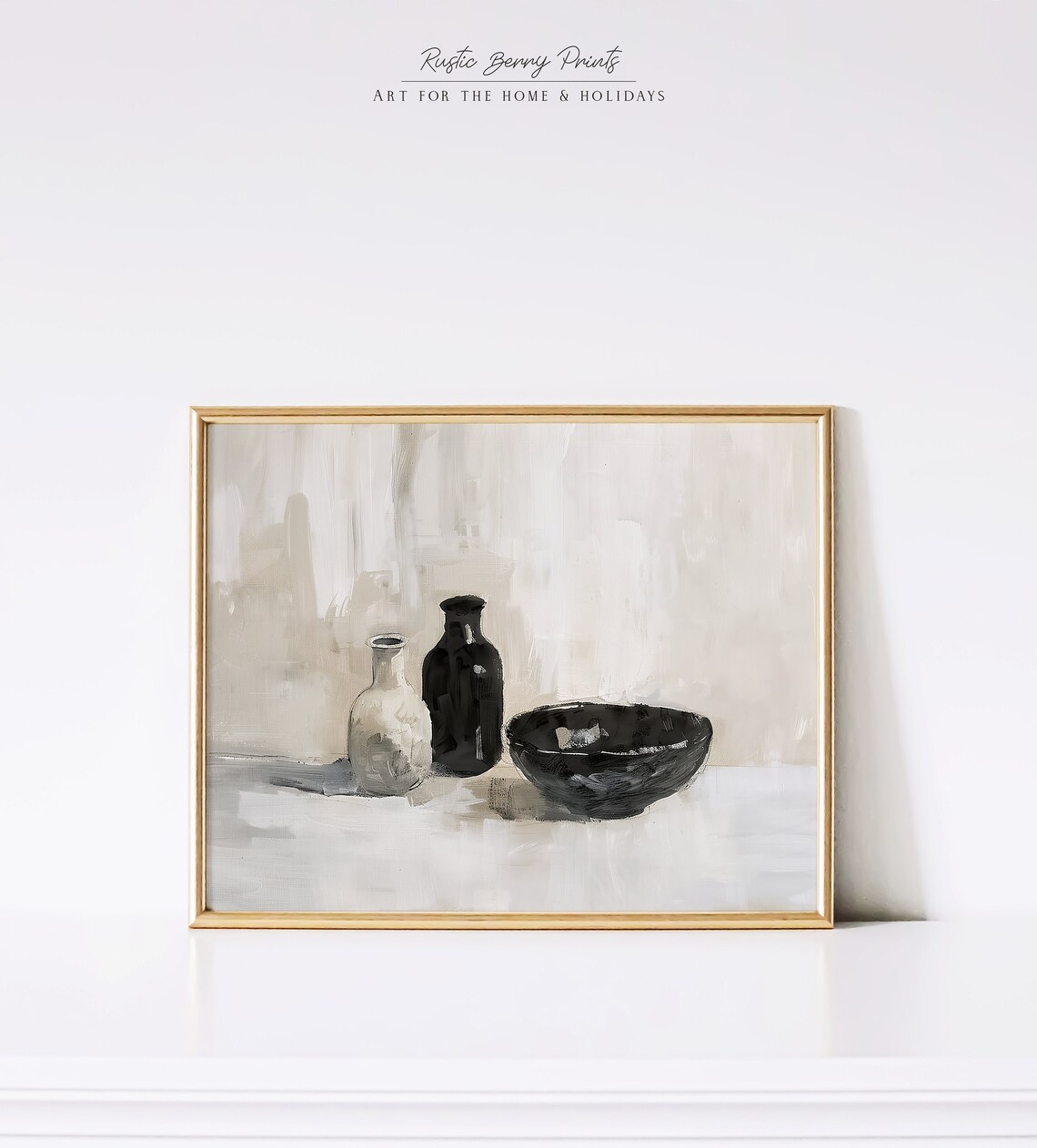 Minimalist Beige Black Vases And Bowl Still Life Painting Wall Art