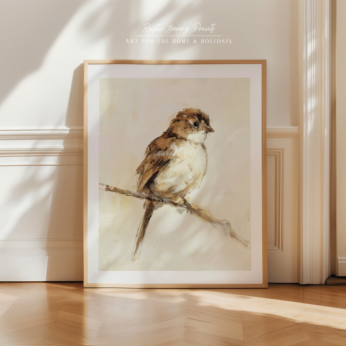 Small Brown Bird On Branch Oil Painting Soft Beige Songbird Art Print - Image 2
