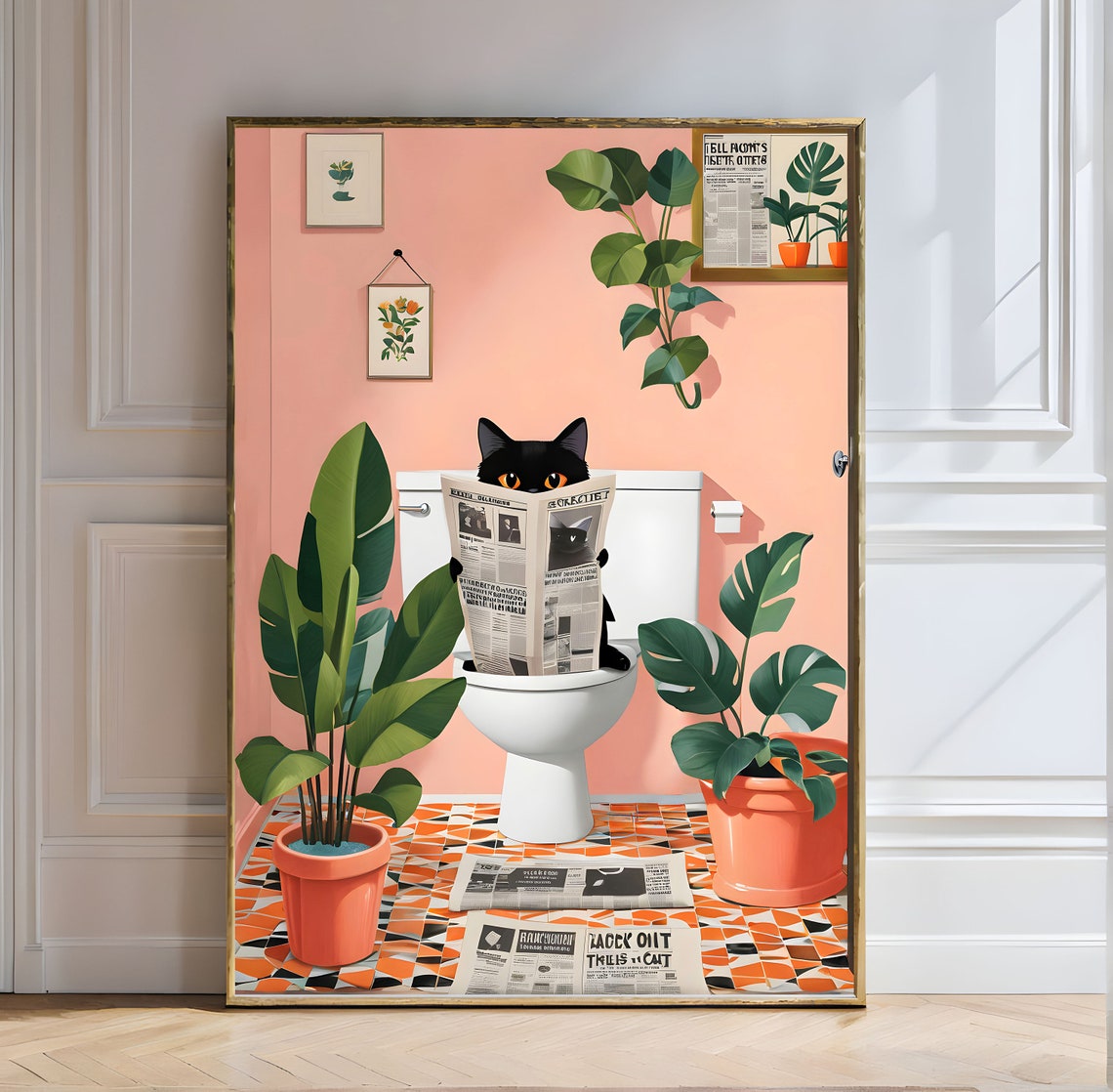 Black Cat Reading Newspaper on Toilet Funny Bathroom Decor Wall Art