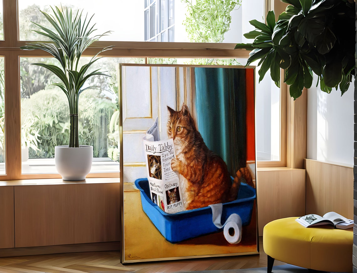 Daily Tabby Cat Reading Newspaper in Litter Box Funny Cat Art Poster - Image 3