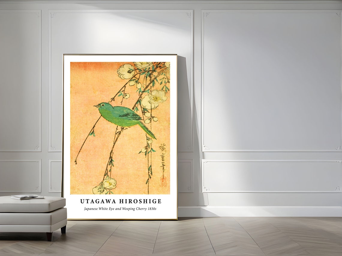 Vintage Japanese Green Bird Blossom Branch Botanical Art Poster - Image 5
