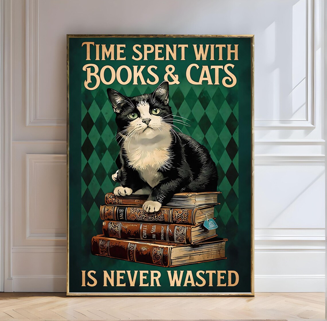 Time Spent With Books and Cats Tuxedo Cat Vintage Quote Art Poster