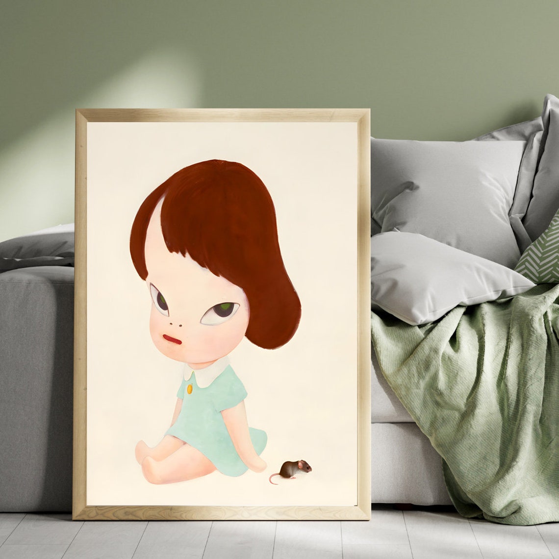Yoshitomo Nara Girl with Mouse Mint Dress Suspicious Eyes Wall Art - Image 3