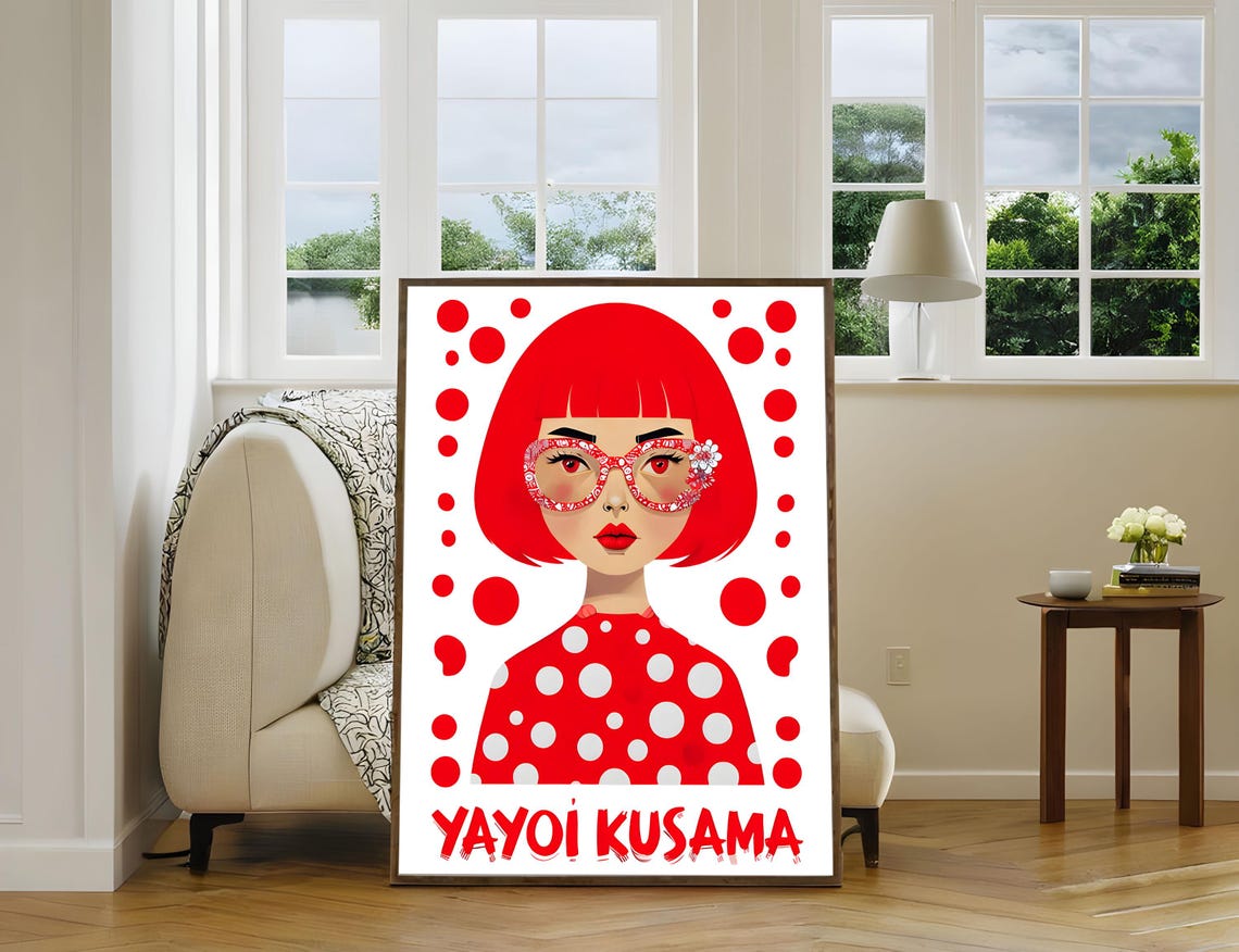 Yayoi Kusama Red Polka Dot Portrait Iconic Red Bob Hair Poster - Image 2