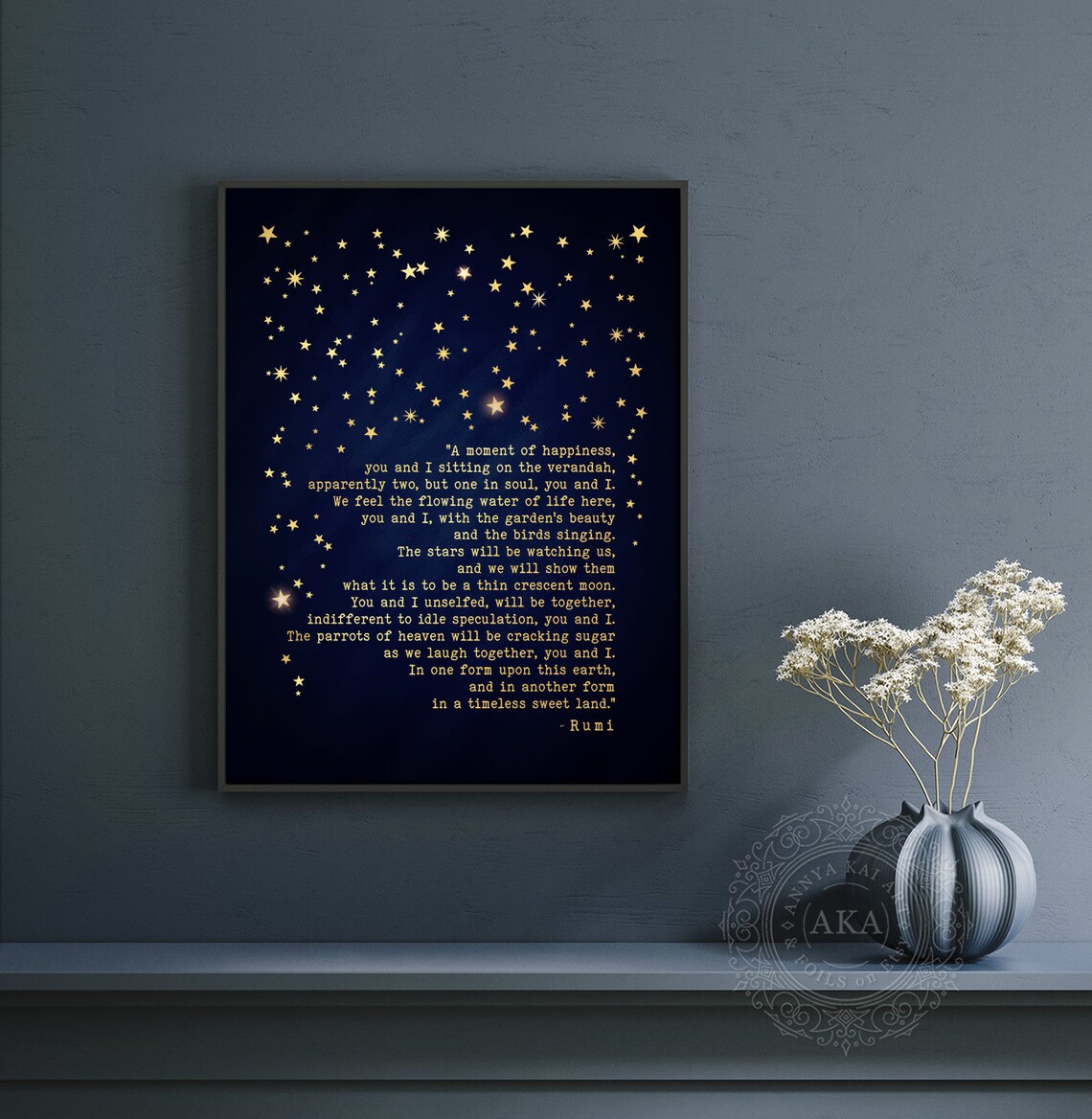A Moment Of Happiness Rumi Love Poem Gold Foil Starry Night Wall Print - Image 4