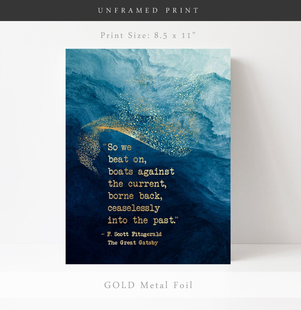So We Beat On Great Gatsby Quote Blue Watercolor Literary Wall Poster - Image 3