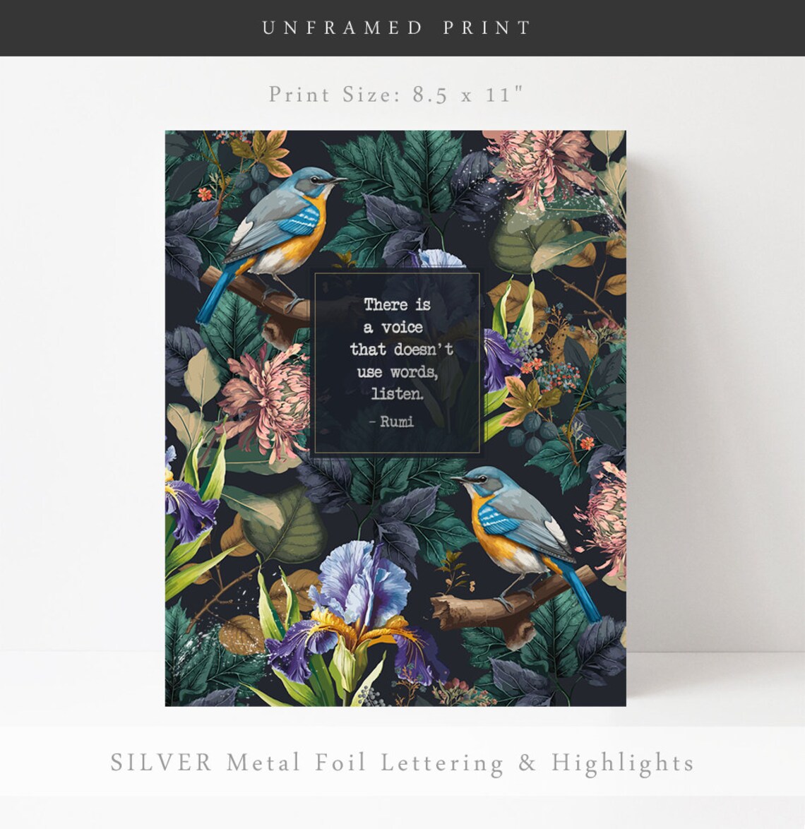 Rumi Listen to Silence Floral Birds Art Print - Image 3
