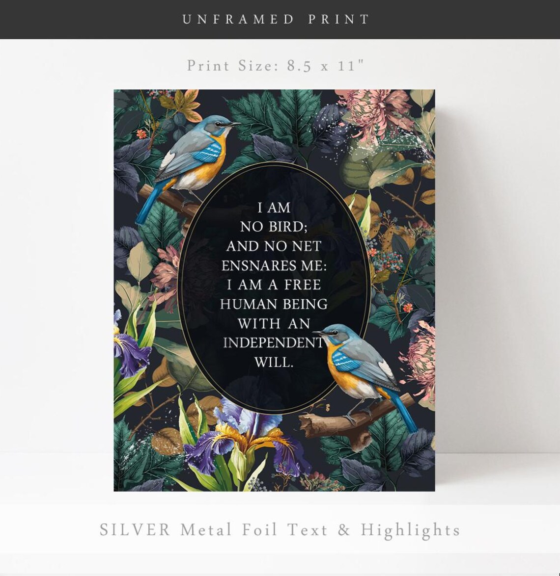 I Am No Bird Jane Eyre Quote Dark Botanical Birds Gold Wall Art - Image 2