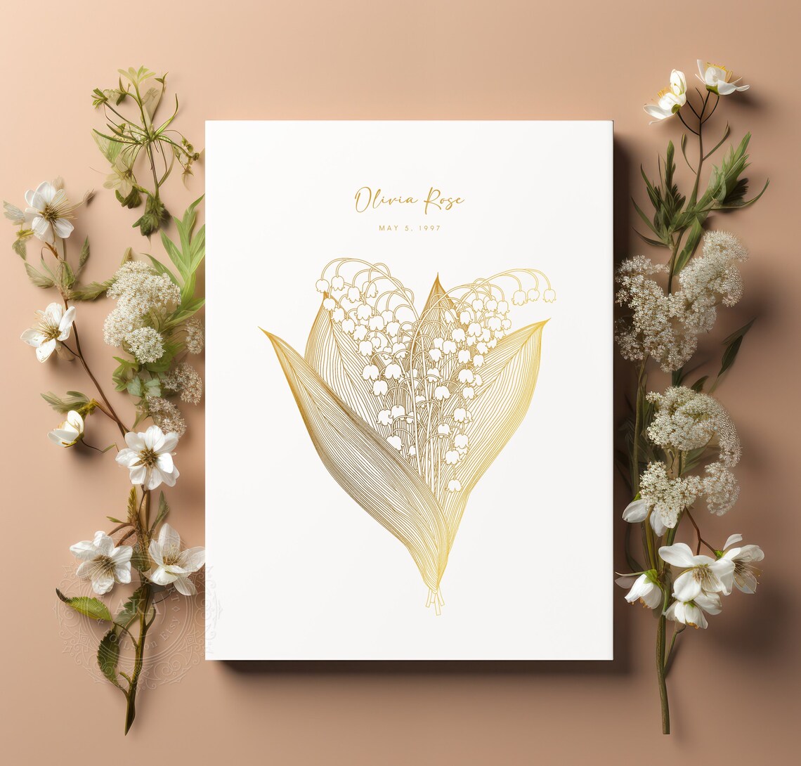 Lily Of The Valley May Birth Flower Gold Botanical Line Art Print - Image 4