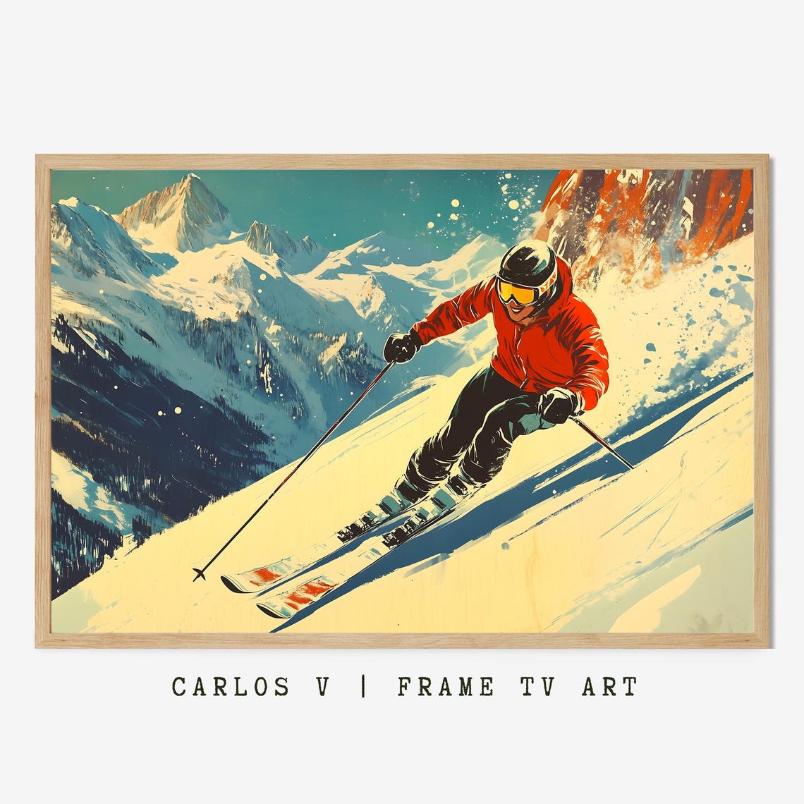 Skier Gliding Down Alpine Slope Vintage Mountain Travel Style Poster