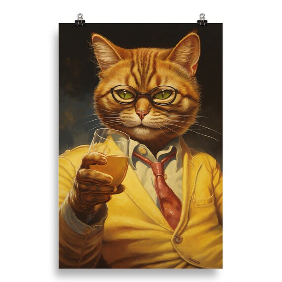 Dapper Orange Cat in Glasses Suit and Tie With Whiskey Poster