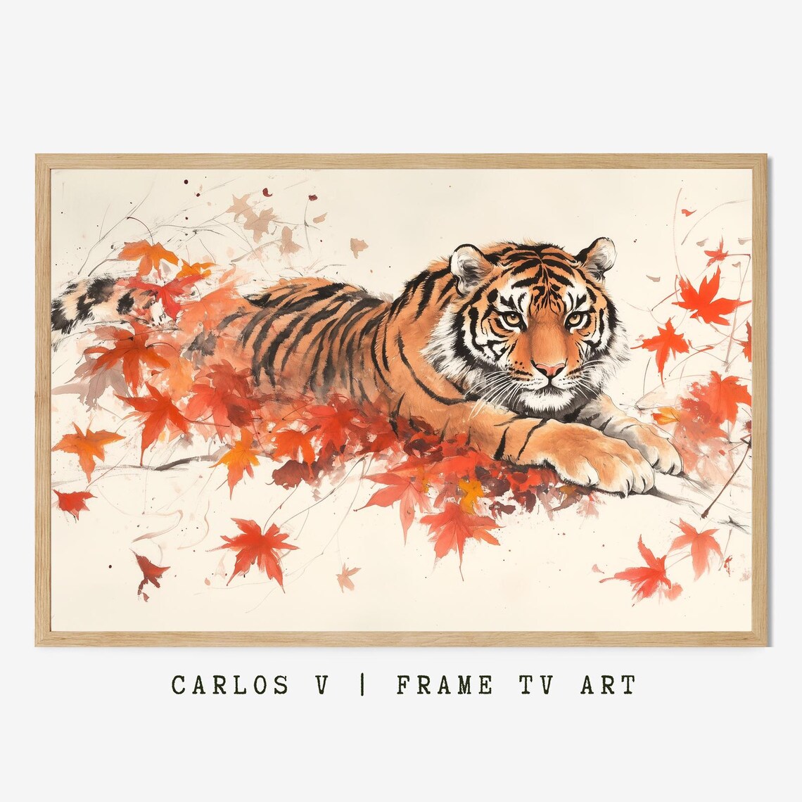 Watercolor Tiger Resting Among Red Autumn Maple Leaves Poster