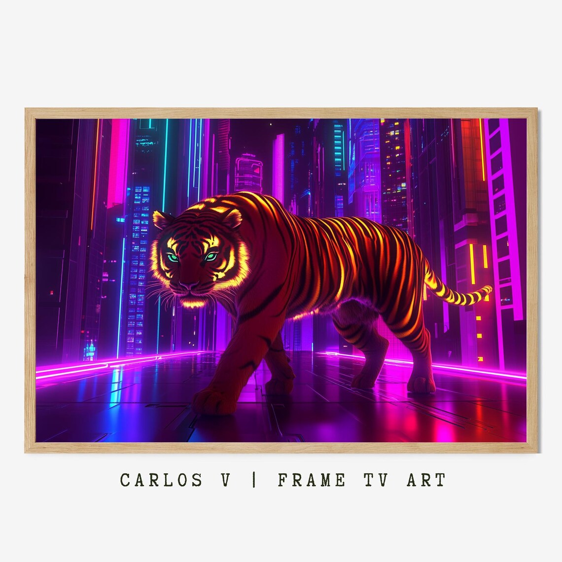 Glowing Neon Cyberpunk Tiger with Green Eyes in Neon City Poster
