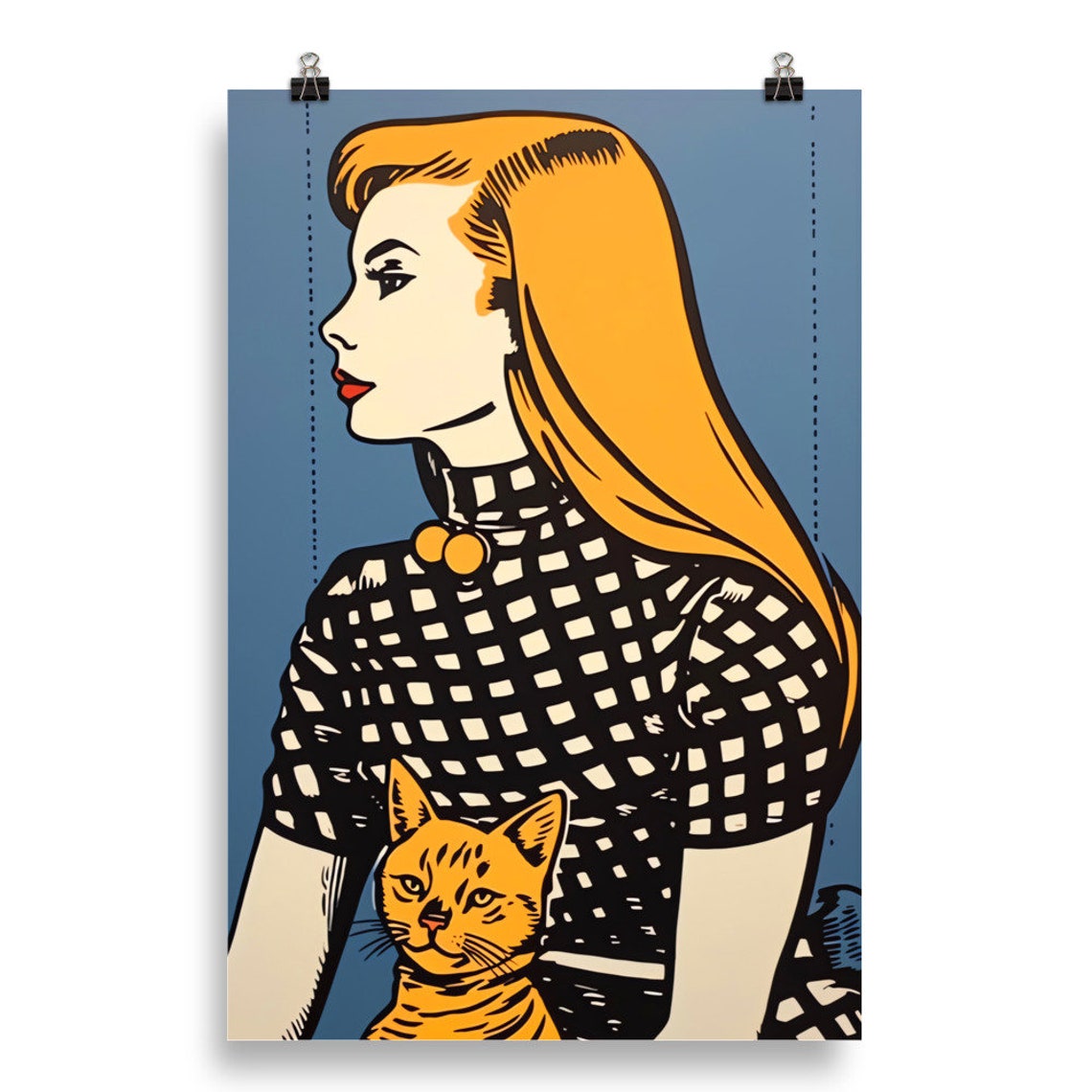 Retro Pop Art Blonde Woman Holding an Orange Cat Portrait Poster - Image 2