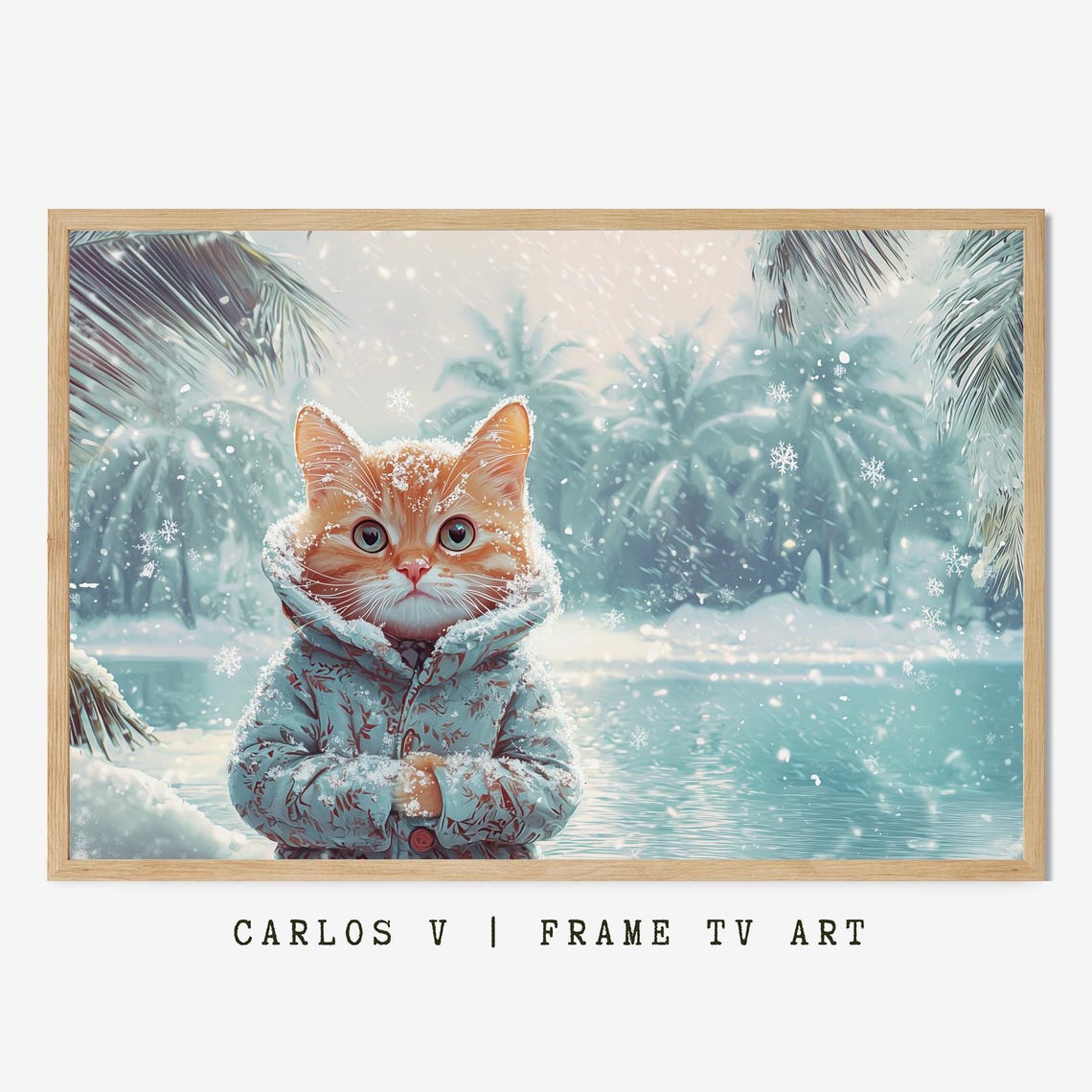 Orange Kitten In A Floral Winter Coat Among Snowy Palm Trees Poster