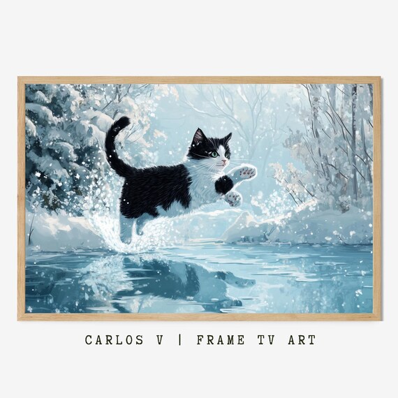 Tuxedo Cat Leaping Over A Frozen Lake In The Winter Forest Poster