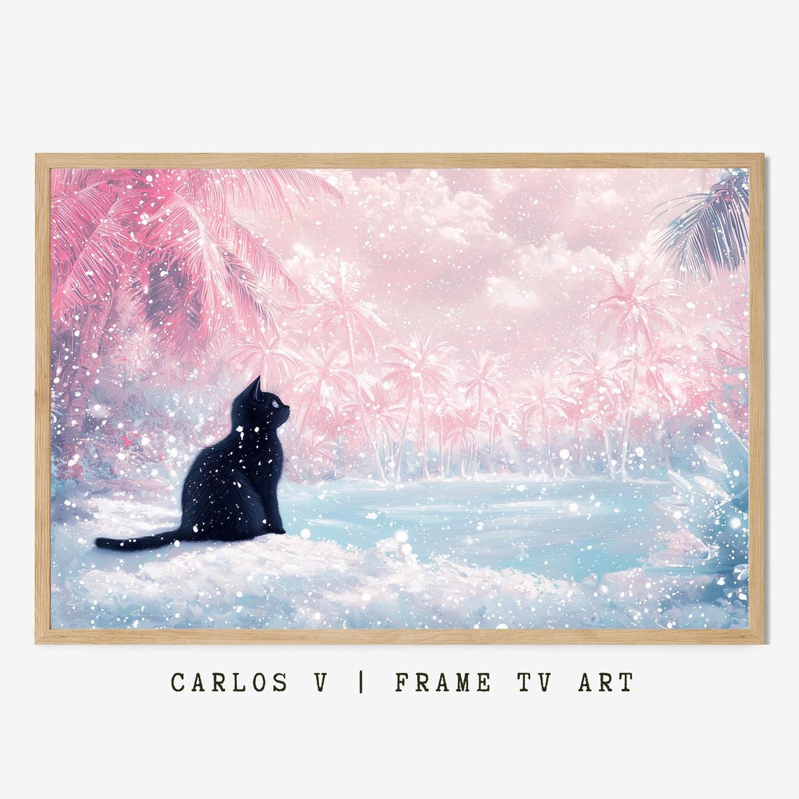 Black Cat in Pink Pastel Winter Wonderland with Palm Trees Poster