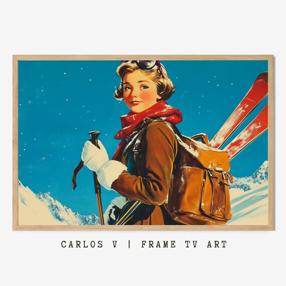 Retro Woman Skier With Red Scarf Vintage Ski Portrait Art Poster