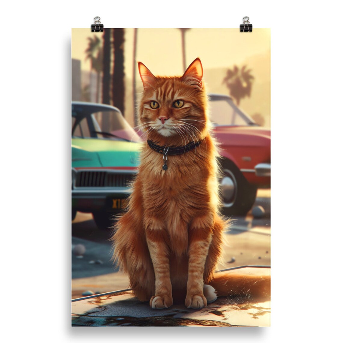 Orange Tabby Cat City Street Sunset Vintage Cars Scene Poster - Image 2