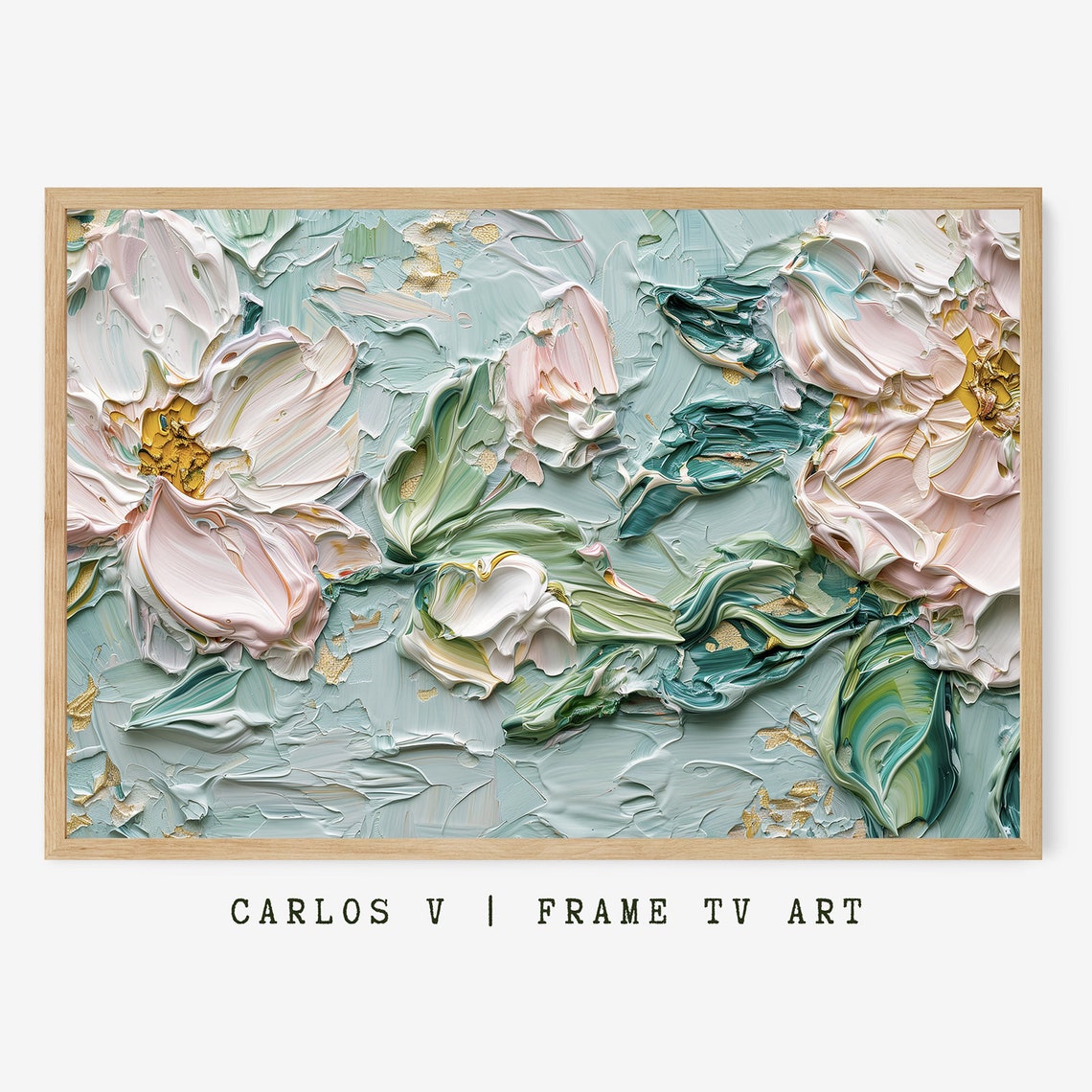 Sage Green and Blush Floral Impasto Frame TV Art Painting Poster