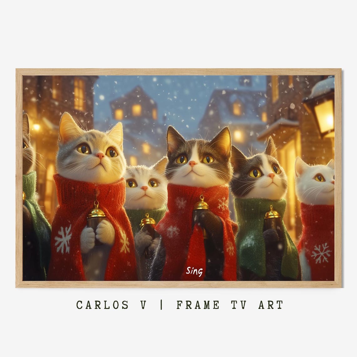 Cats Caroling In The Snow Holding Lanterns Under Street Lights Poster