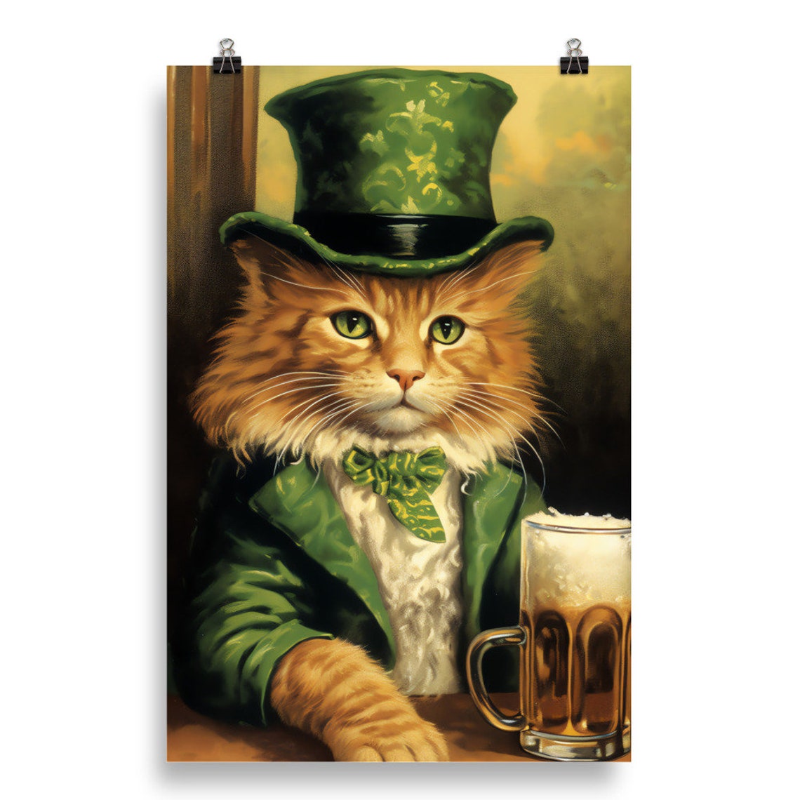 Orange Cat Leprechaun With Green Top Hat and Beer Mug Poster - Image 2