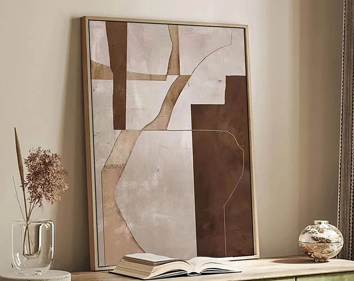 Beige Brown Cream Curved Line Geometric Boho Abstract Painting Poster