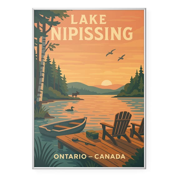 Lake Nipissing Photo Print Ontario Cottage Poster Adirondack Chair Sunset Scene Wall Art Modern Office Home Decor