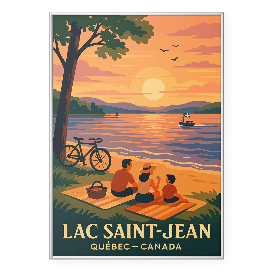 Lac Saint-Jean Quebec Sunset Lakeside Picnic Illustration Travel Poster