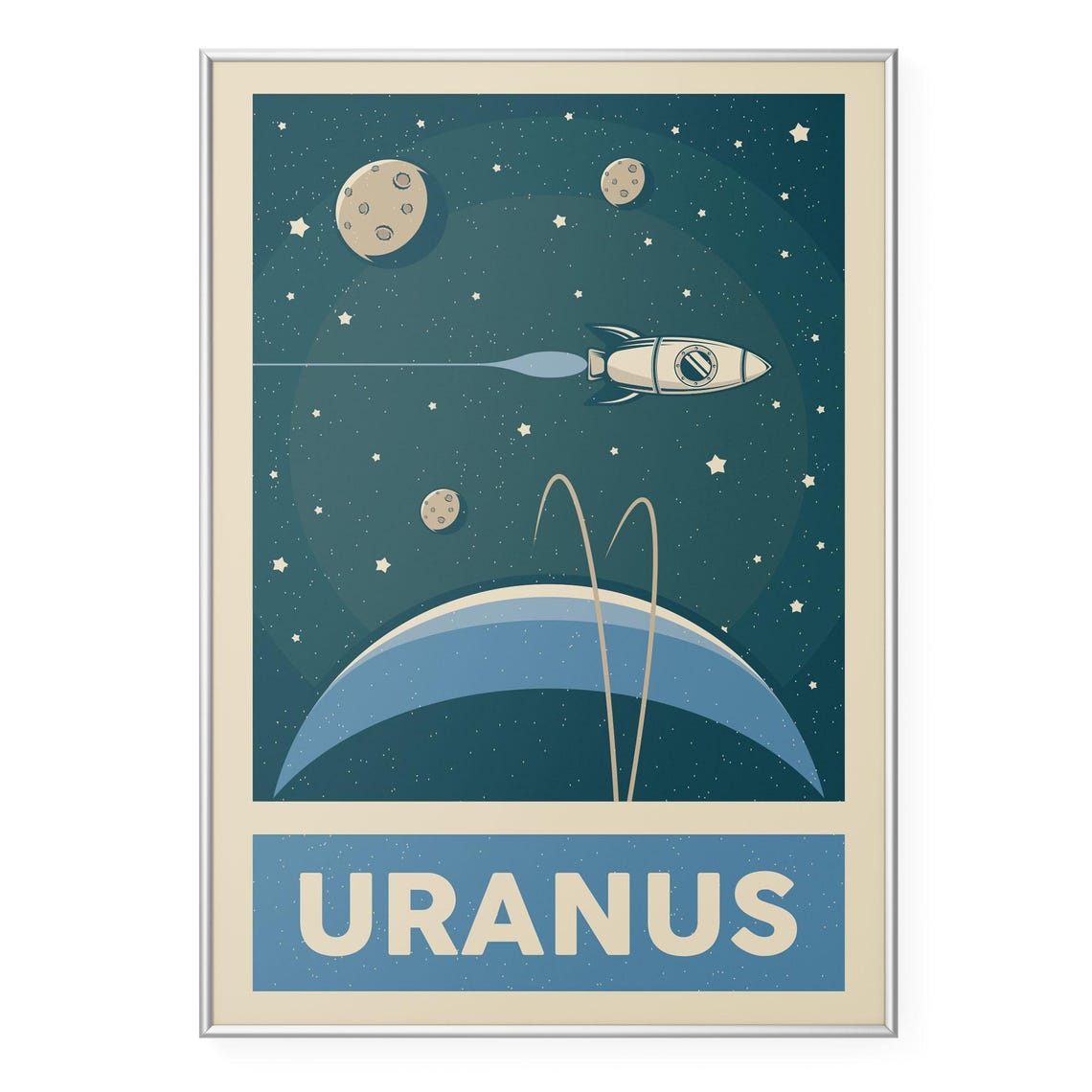 Retro Uranus Planet Rocket Ship Vintage Space Poster Artwork
