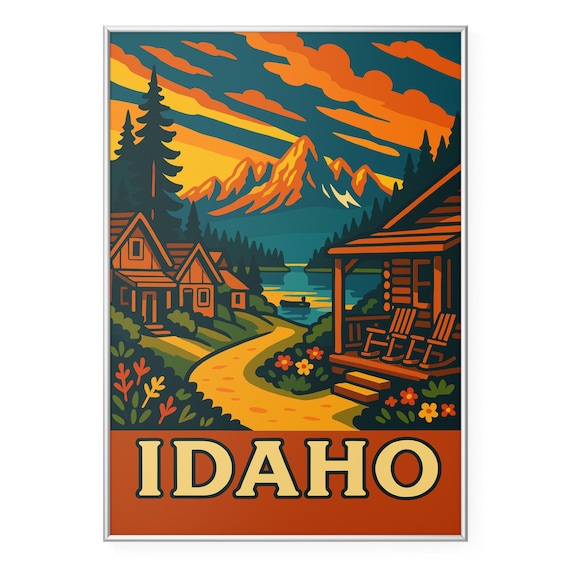 Idaho Cabin Sunset Mountain Lake Scenic Retro Vintage Travel Poster