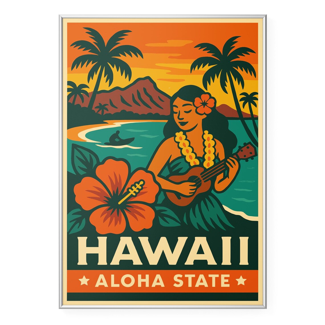 Hawaii Aloha State Ukulele Hula Girl Sunset Retro Travel Poster