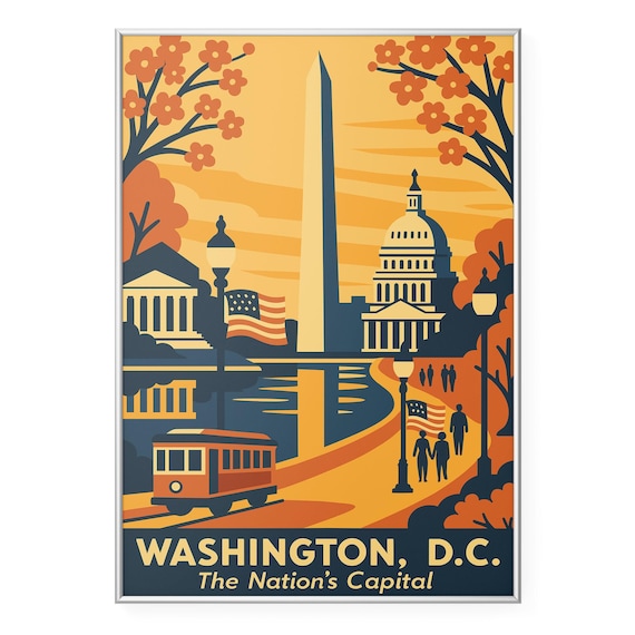Washington DC National Mall Monuments Sunset Retro Travel Poster