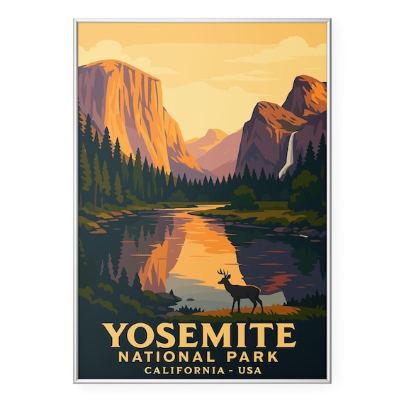 Yosemite National Park El Capitan Valley Deer Sunset Travel Poster