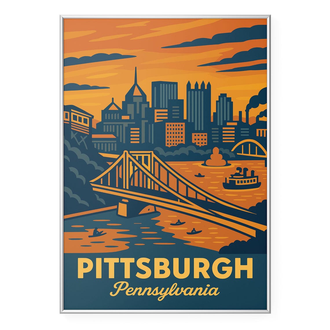 Pittsburgh Pennsylvania Sunset Travel Poster with Bridge and Riverboat