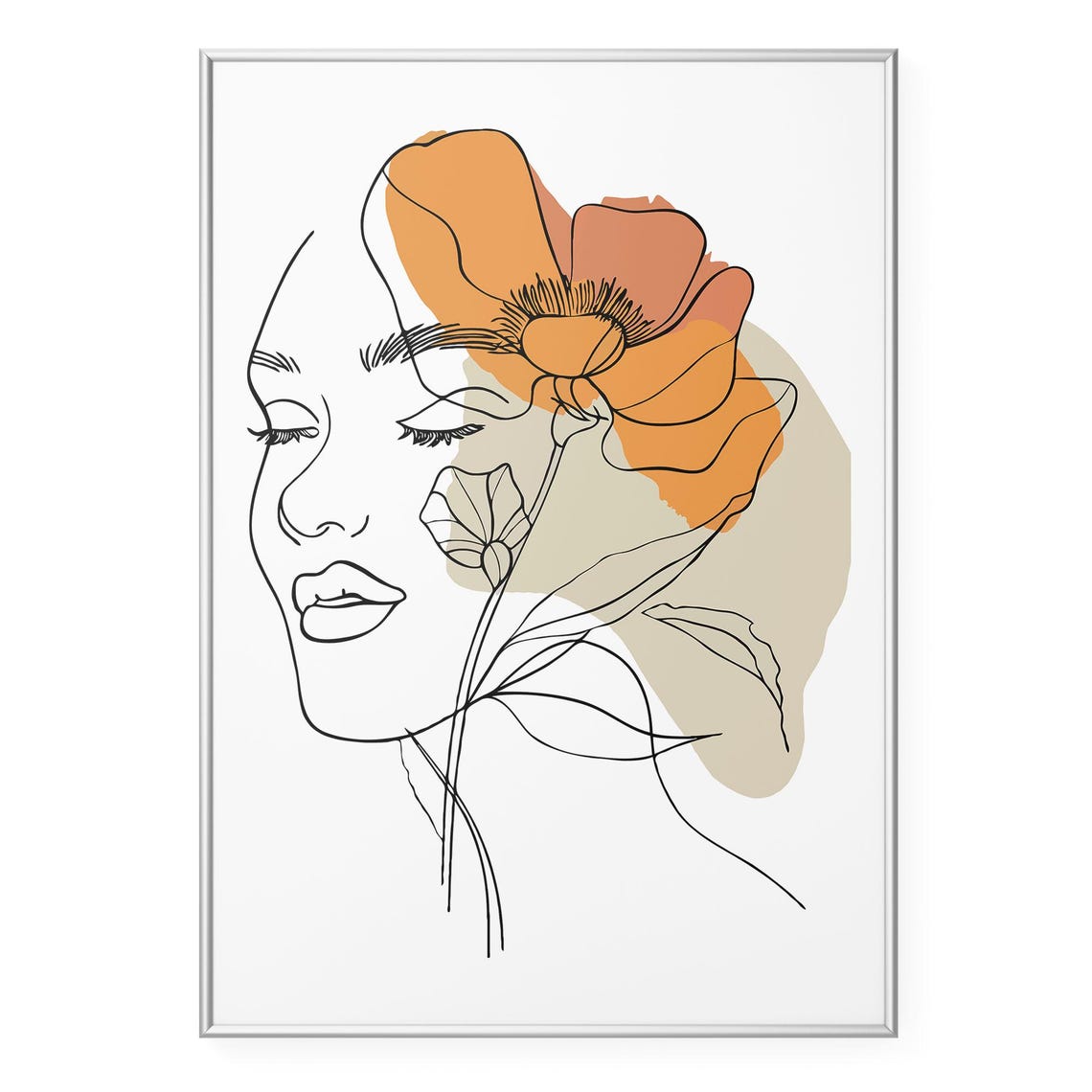 Line Art Woman Profile Orange Poppy Beige Wash Minimalist Print
