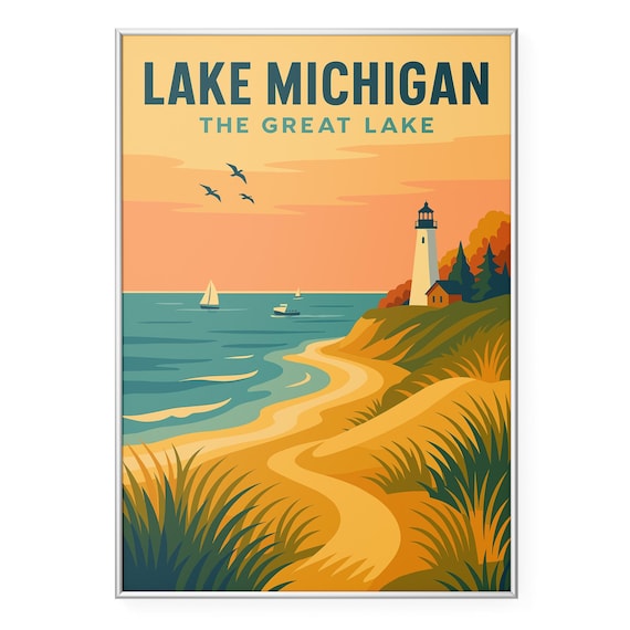 Lake Michigan Lighthouse Sunset Beach Great Lake Travel Poster