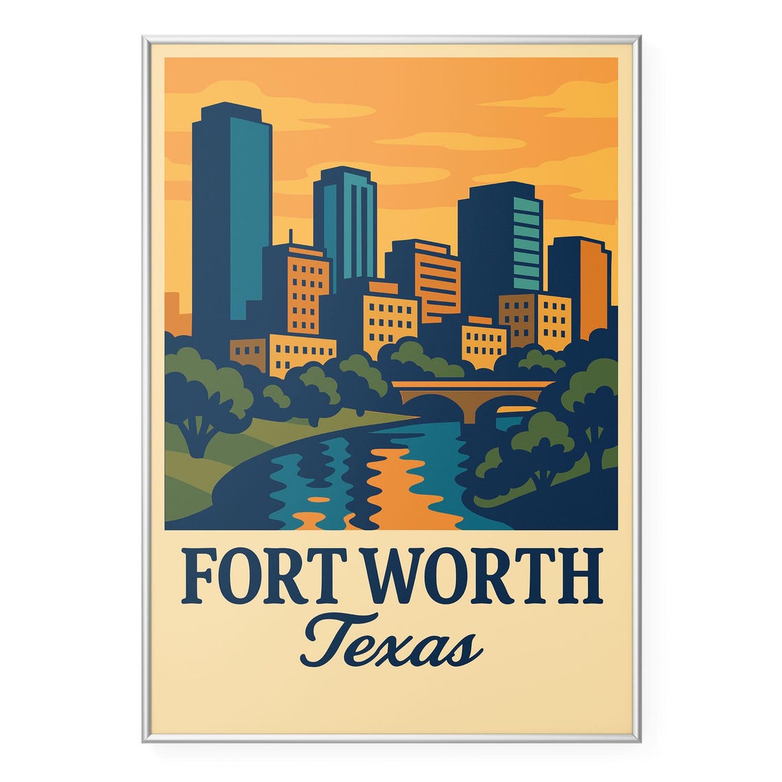 Fort Worth Texas Sunset Skyline Travel Poster River Bridge Decor Art